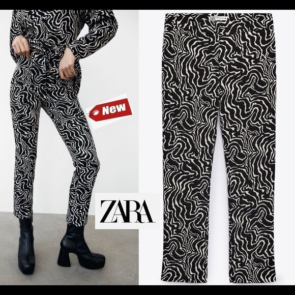 ZARA black white High waisted straight leg jacquard pants Sz S NWT